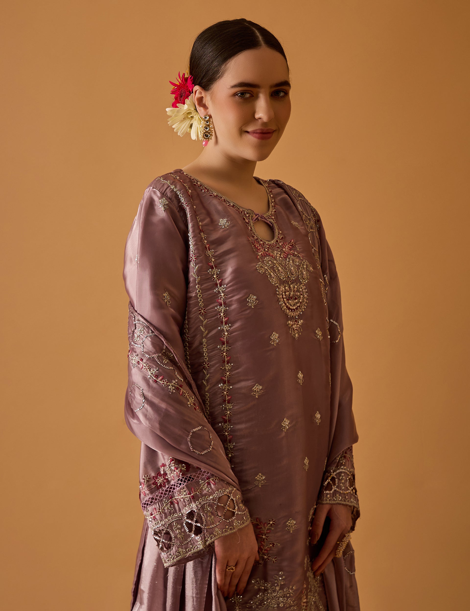 dhartii  Dusty Mauve Elegance Embroidered Organza Sharara Set