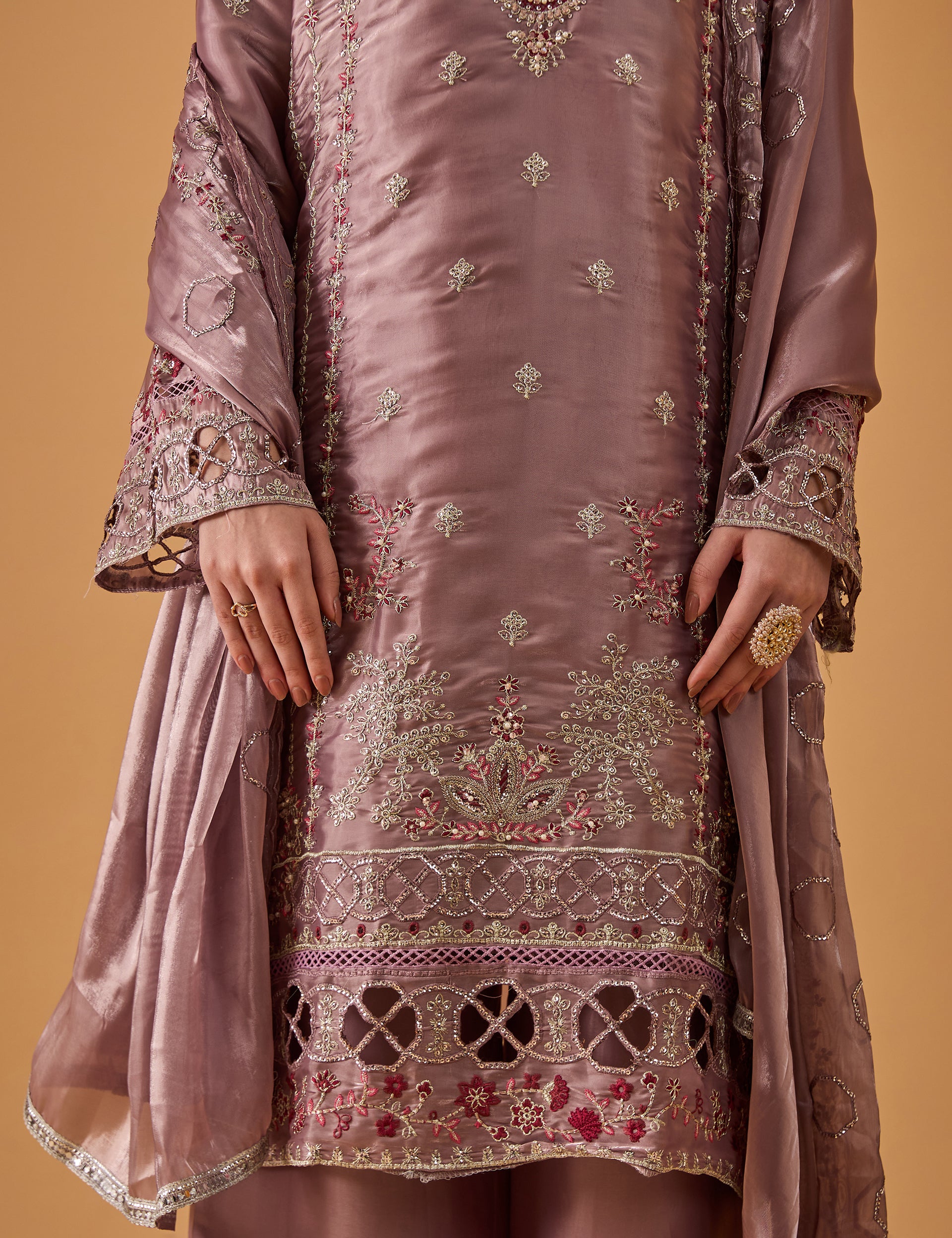 dhartii  Dusty Mauve Elegance Embroidered Organza Sharara Set