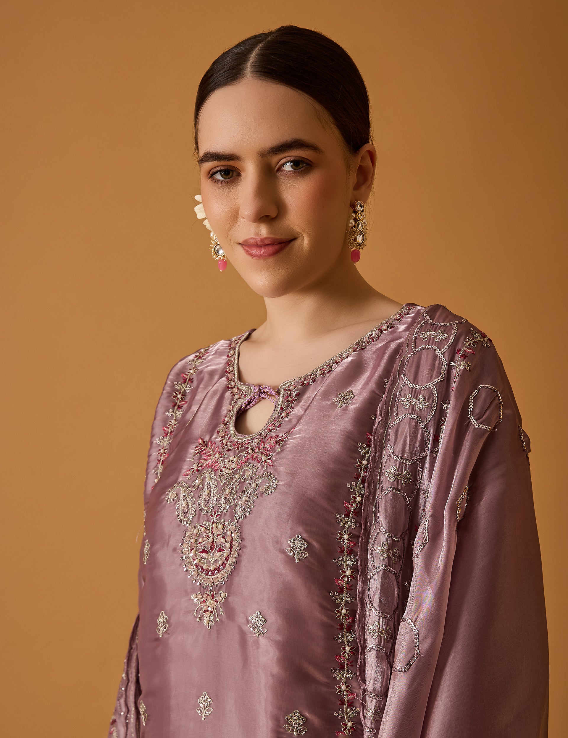 dhartii  Dusty Mauve Elegance Embroidered Organza Sharara Set