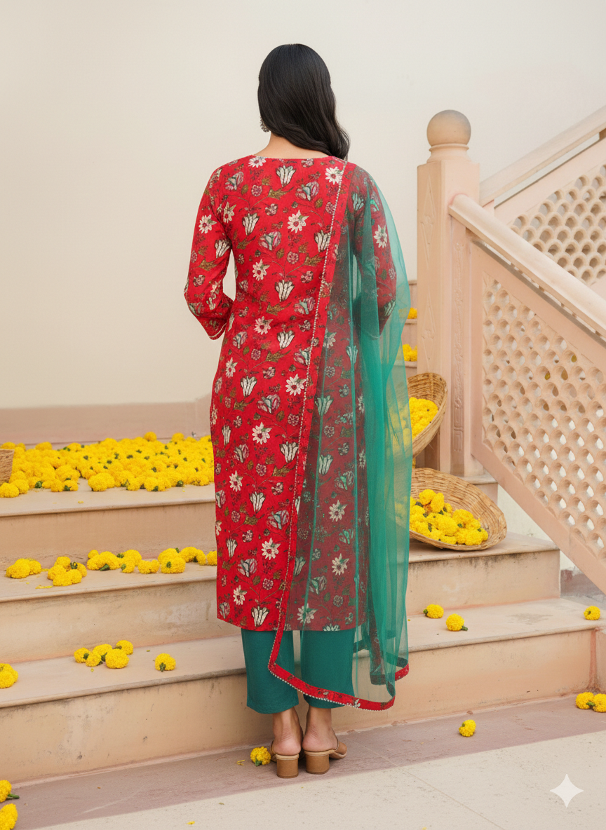 Red Rayon Blend Floral Straight Kurta Pant With Dupatta