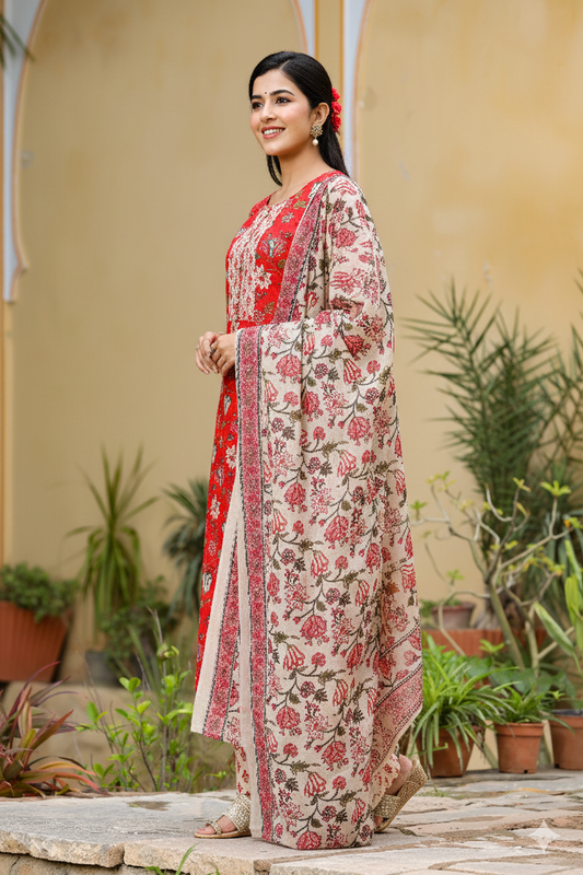 Red Rayon Blend Floral Printed Suit Set