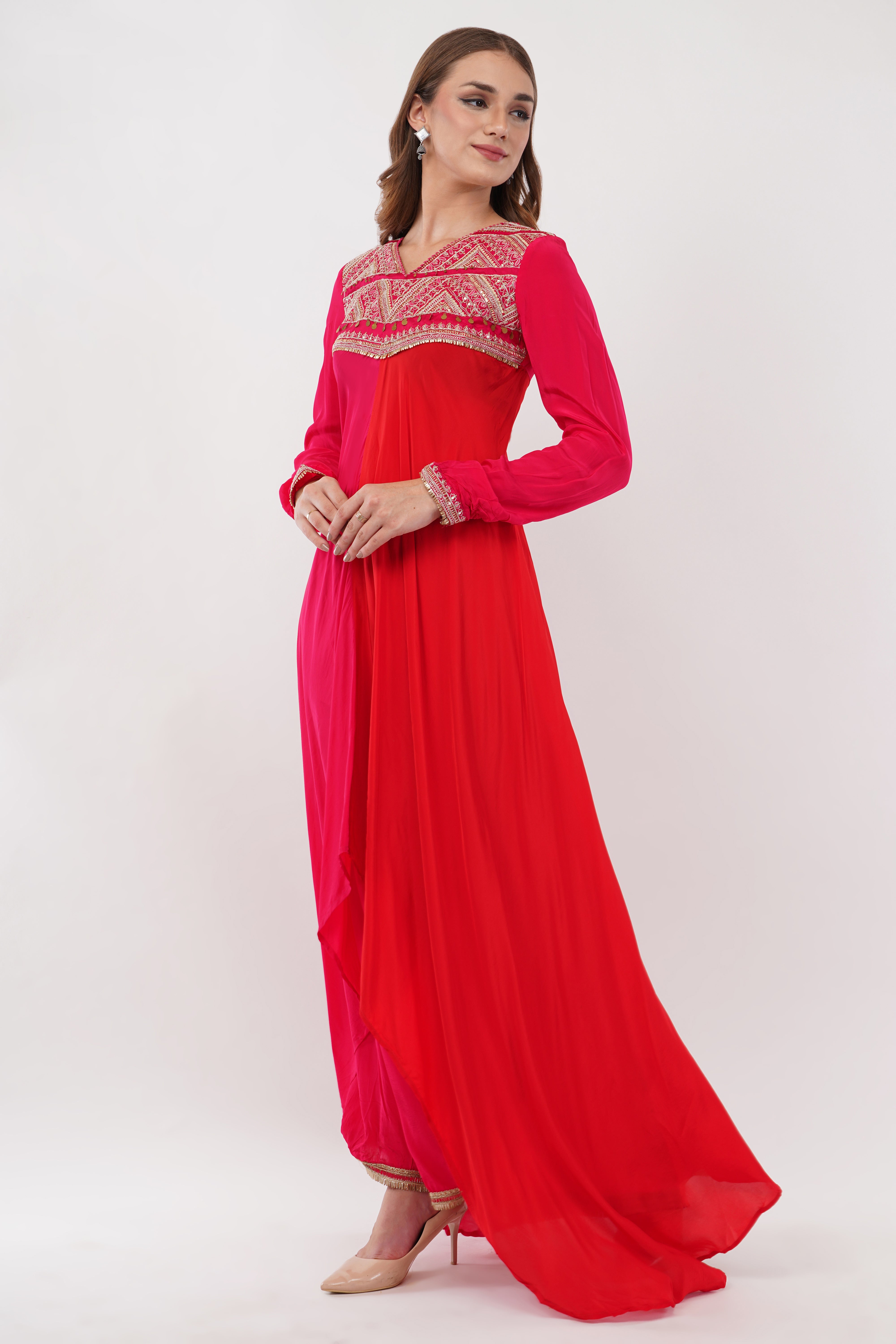 Red Kurta & Bottom Natural Crepe Dupatta Organza Flared Suit - Set Of 3