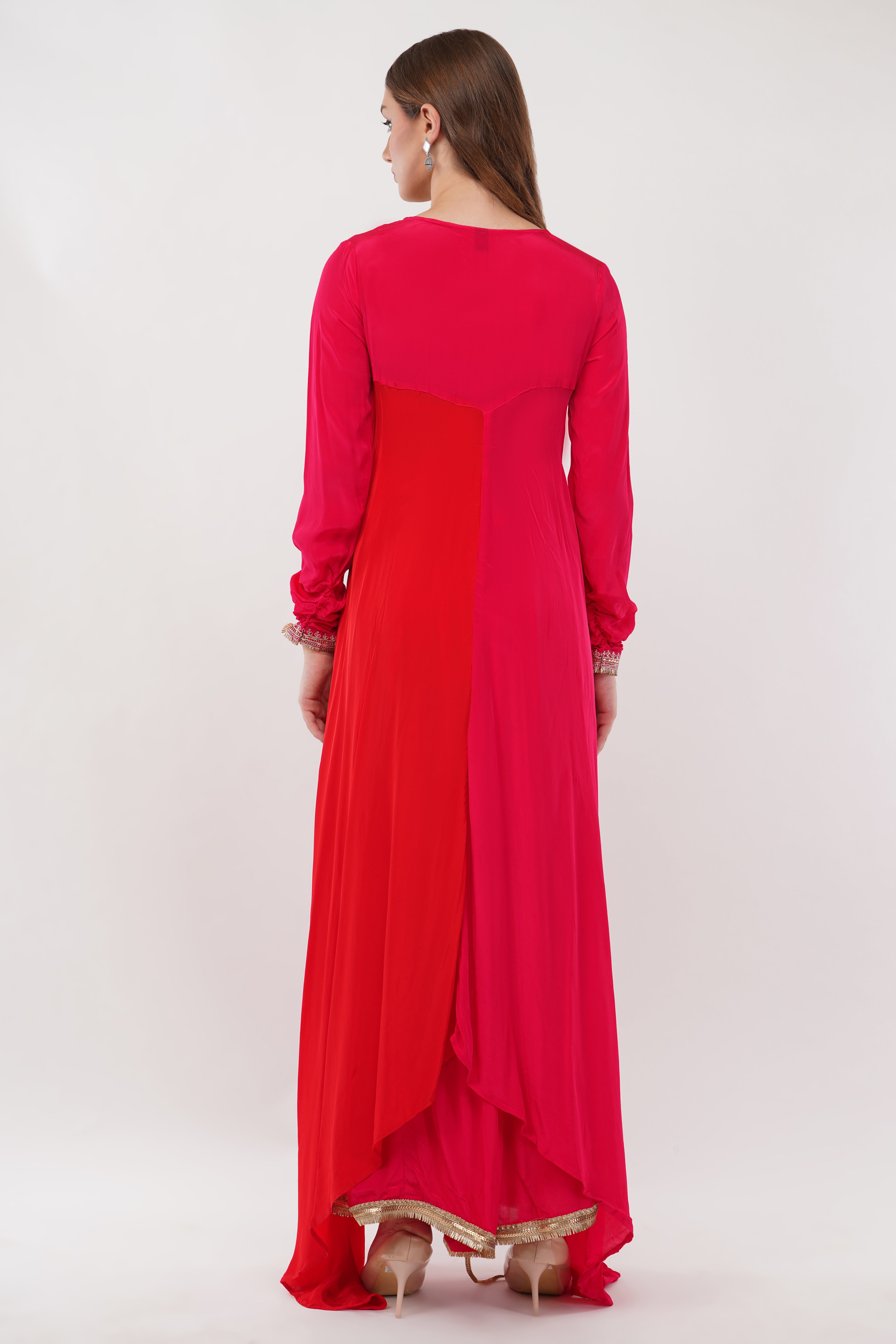 Red Kurta & Bottom Natural Crepe Dupatta Organza Flared Suit - Set Of 3