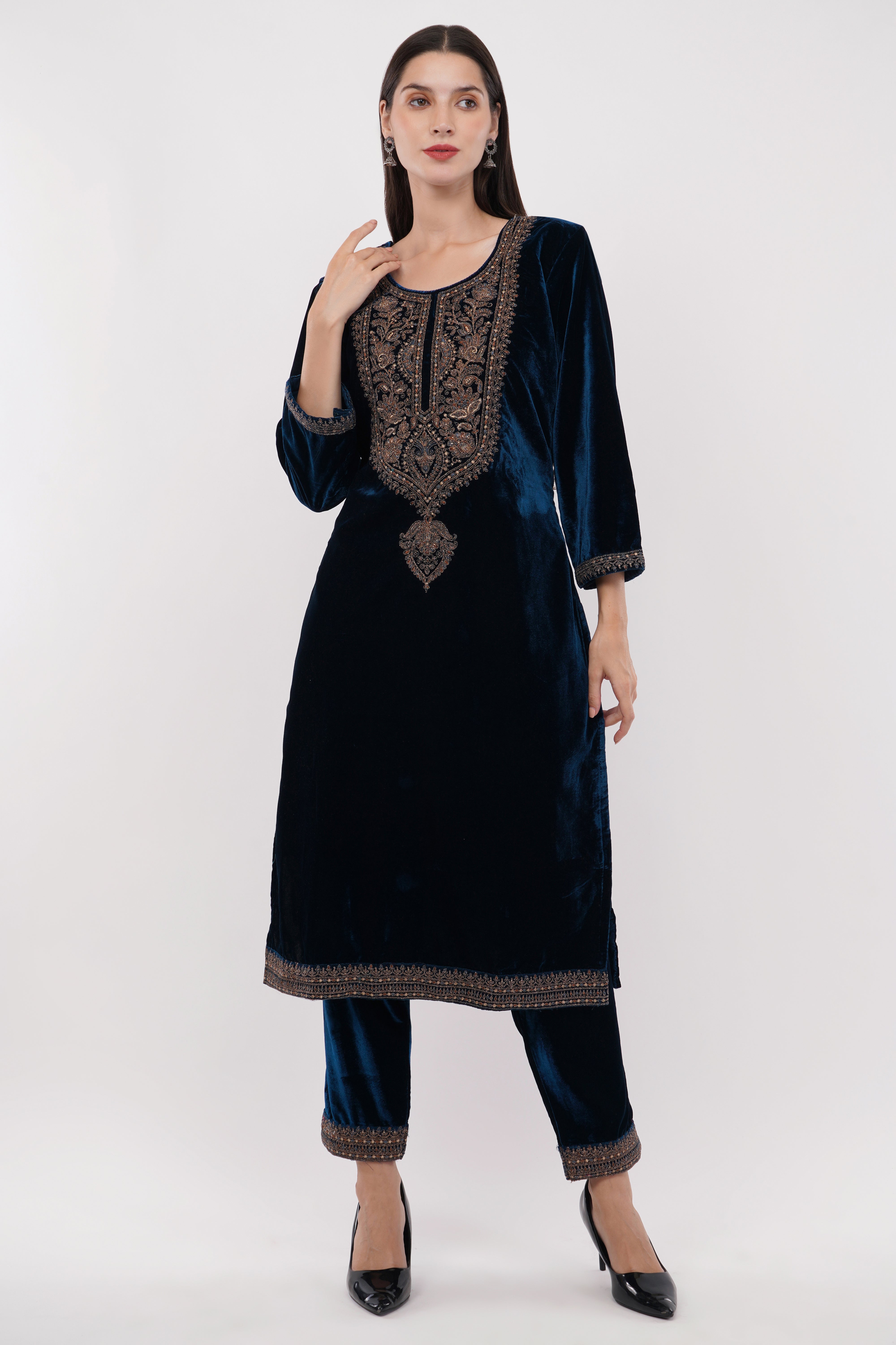Navy Blue Velvet With Coding Embroidery Work - Set Of 3