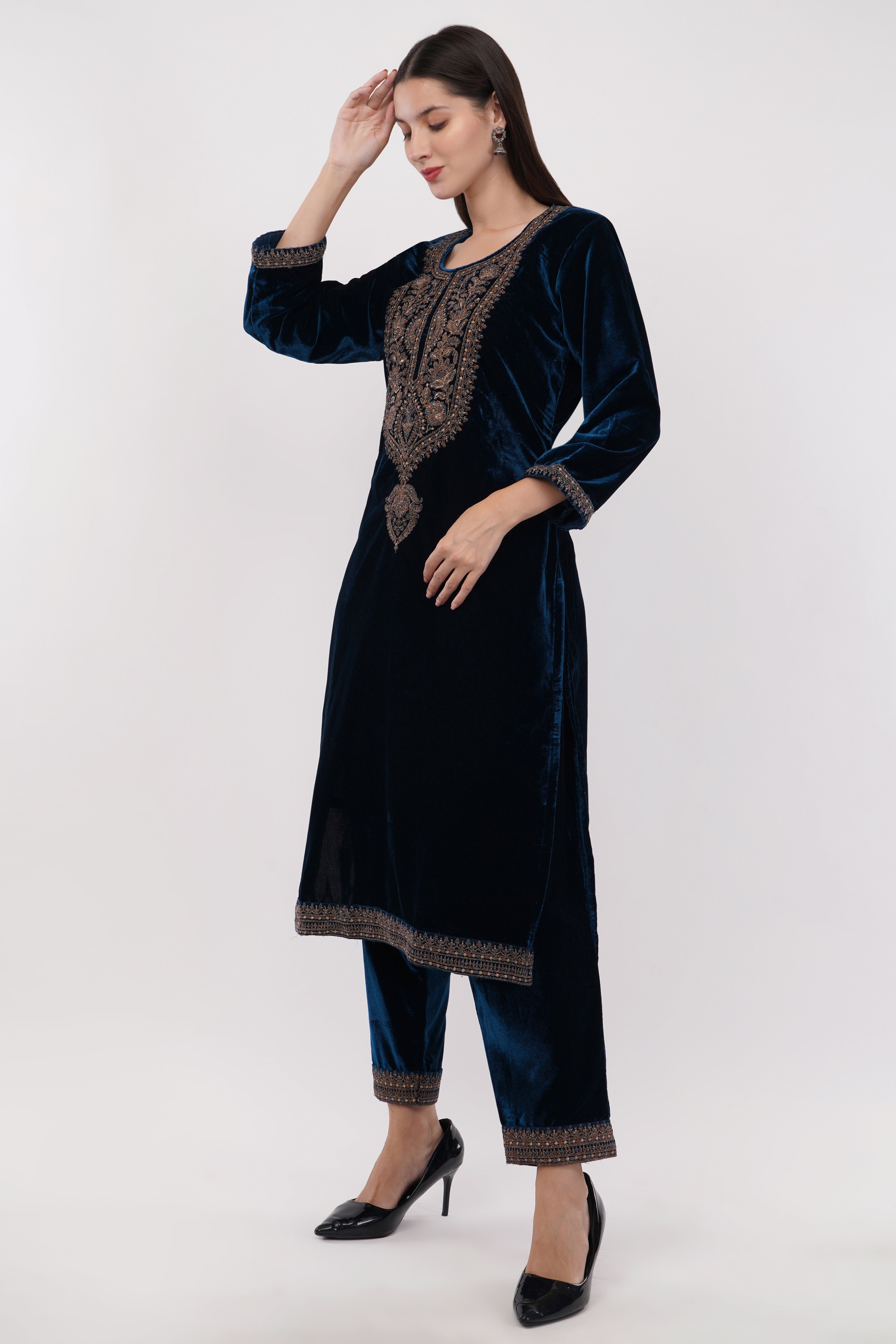 Navy Blue Velvet With Coding Embroidery Work - Set Of 3