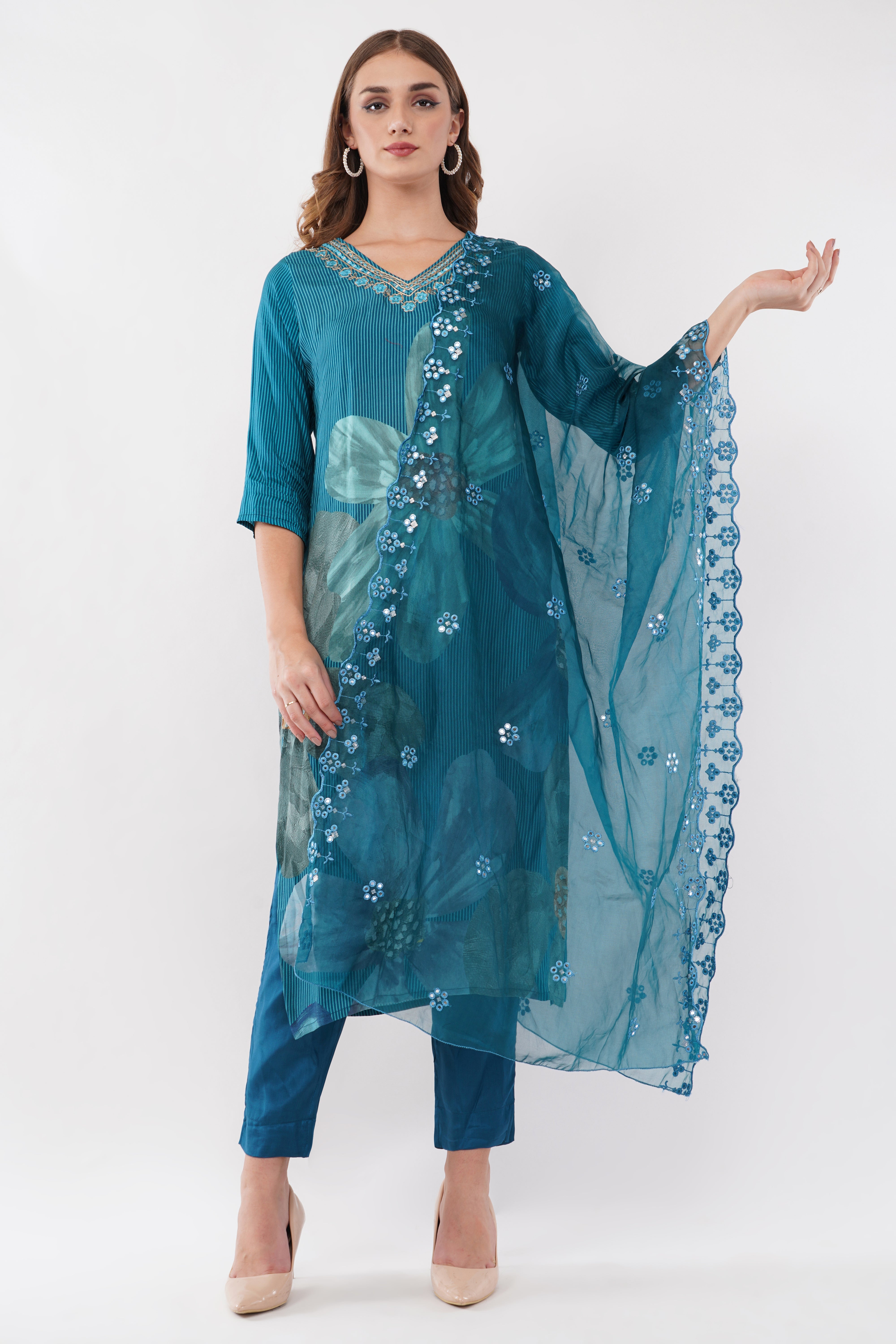 Muslin Organza Dupatta With Digital Printed Teal Blue Suit - Set Of 3