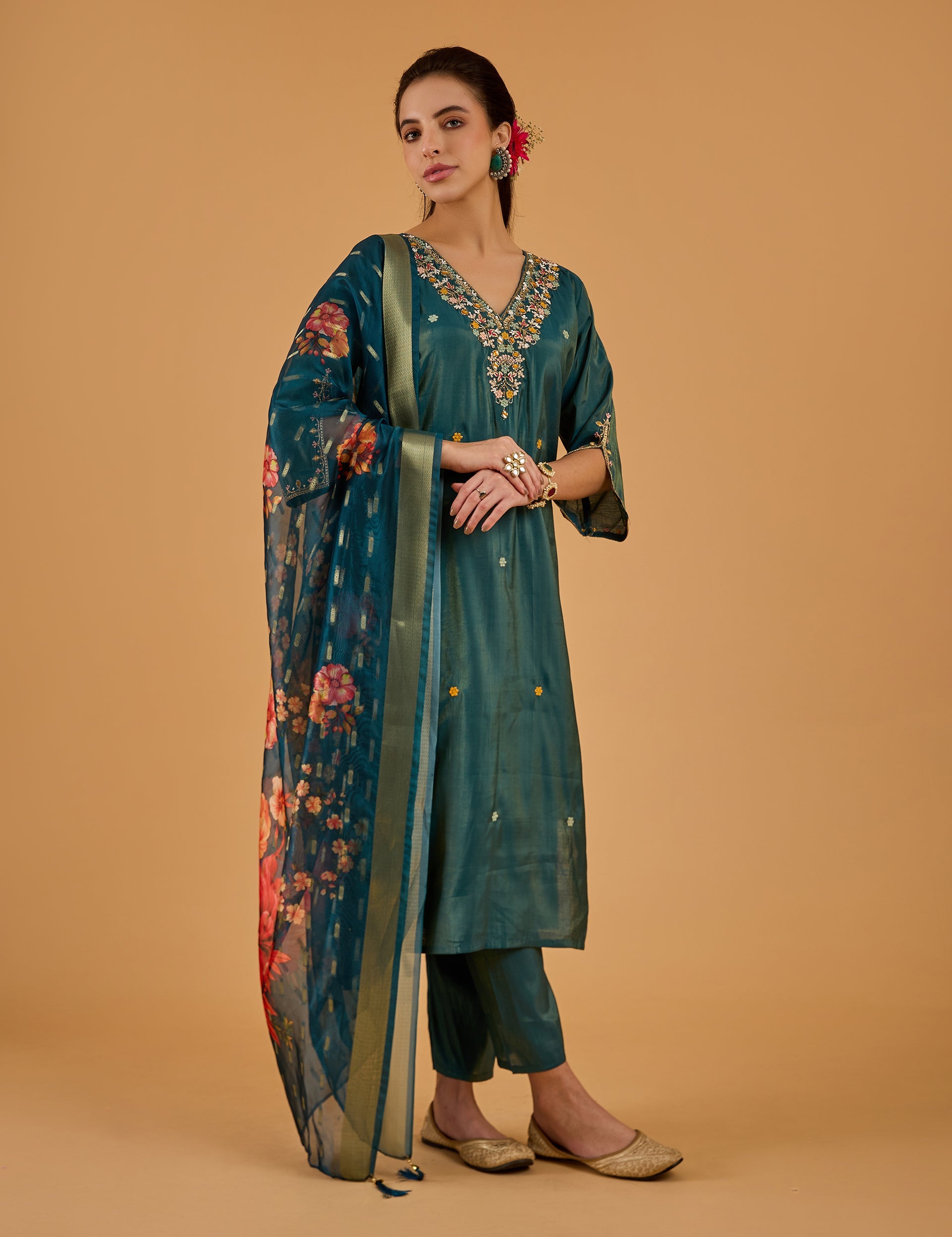 dhartii  Metallic teal Blue Embroidered Silk Tissue Kurta Set