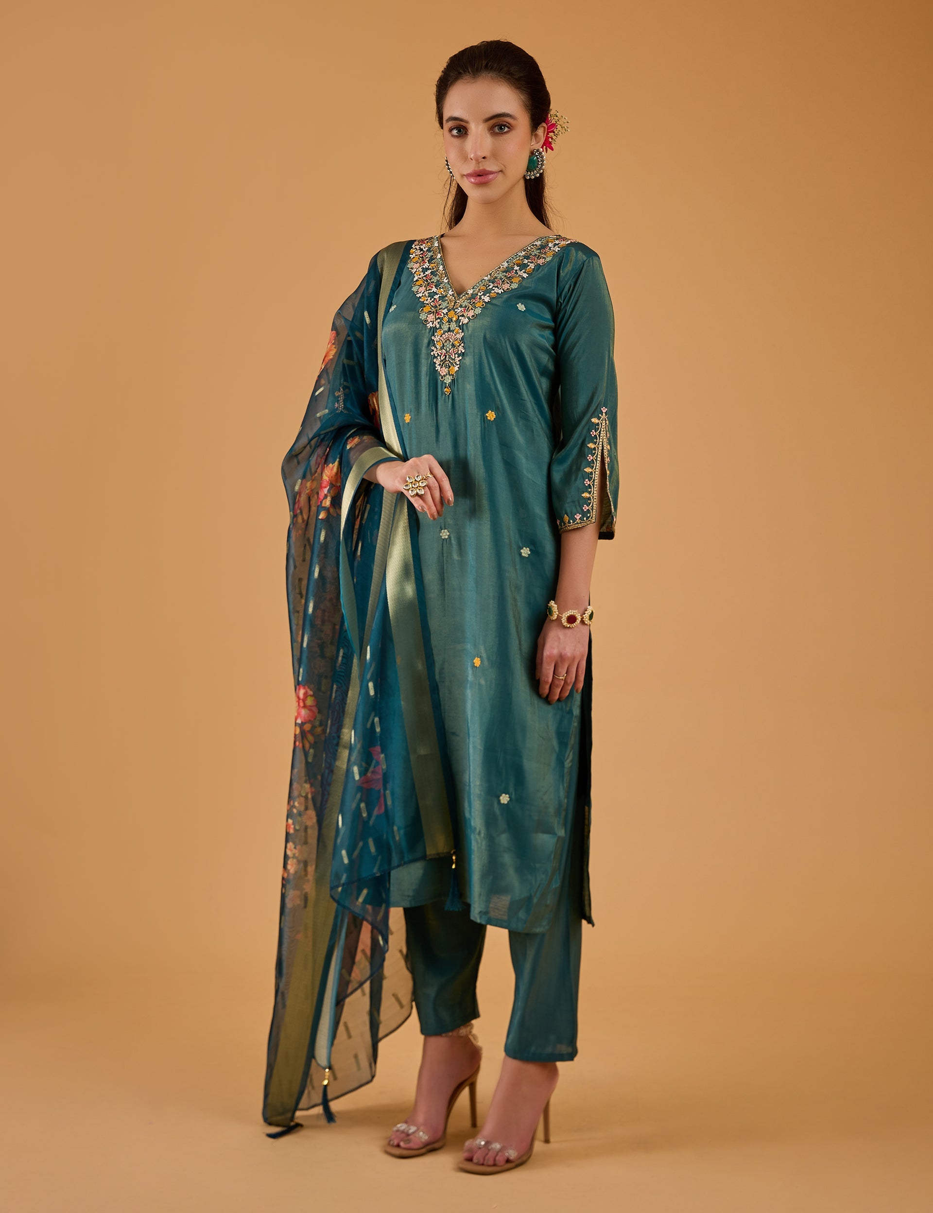 dhartii  Metallic teal Blue Embroidered Silk Tissue Kurta Set