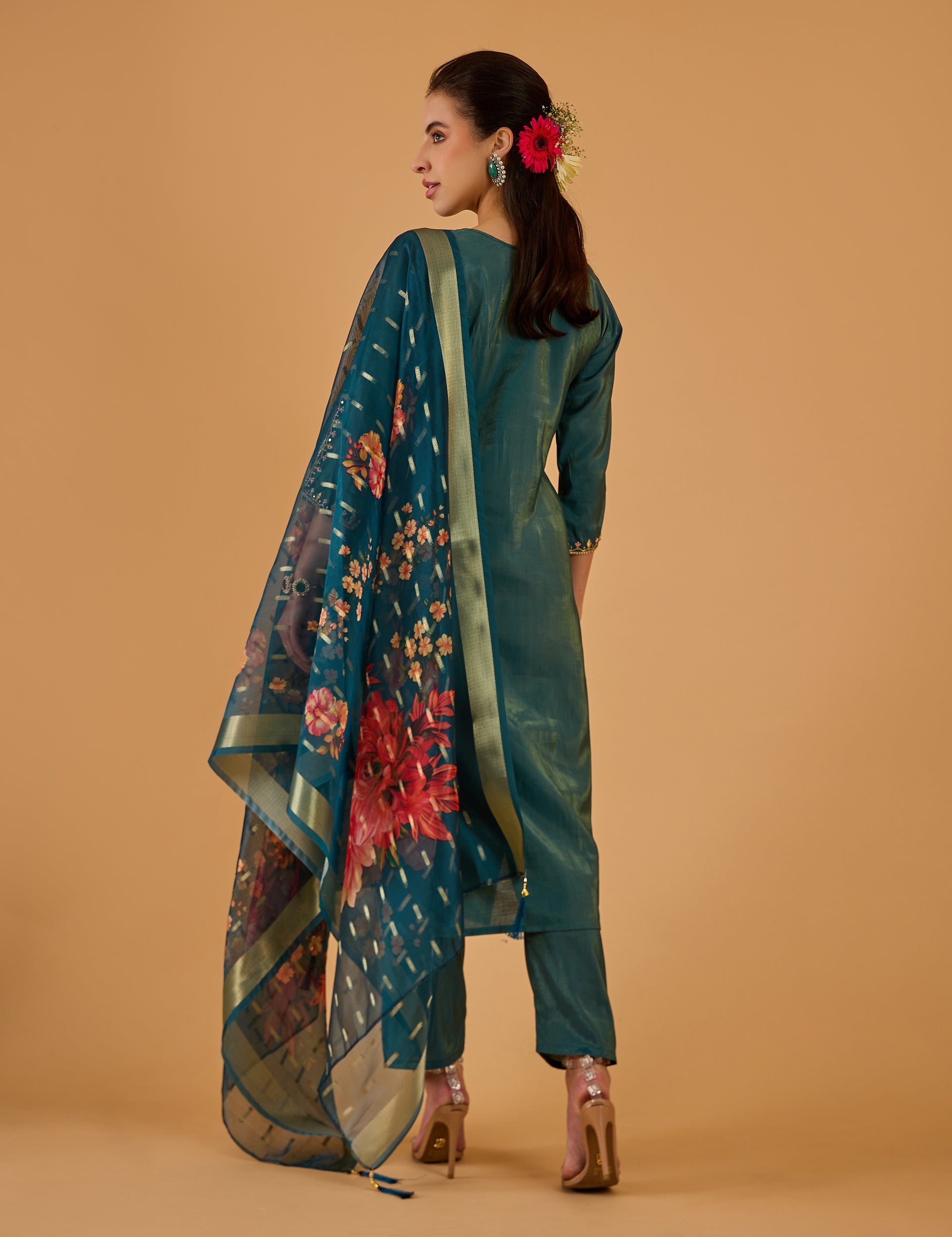dhartii  Metallic teal Blue Embroidered Silk Tissue Kurta Set