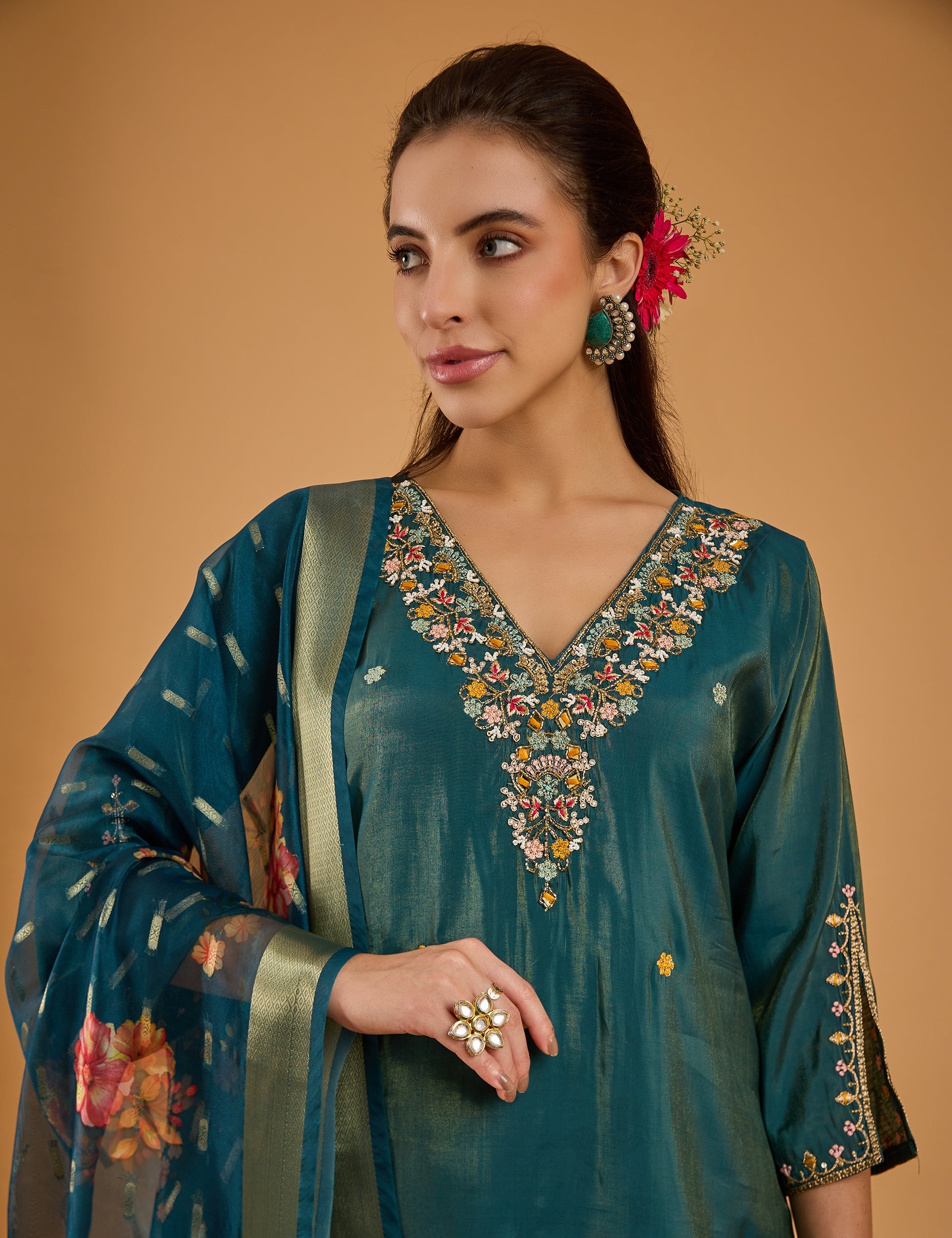 dhartii  Metallic teal Blue Embroidered Silk Tissue Kurta Set