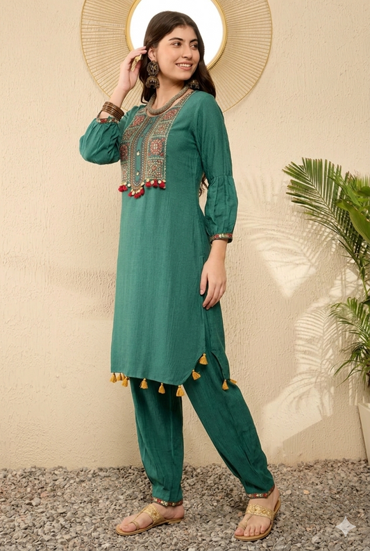 Teal Green Embroidered Viscose Rayon Straight Salwar Bottom Kurta Set