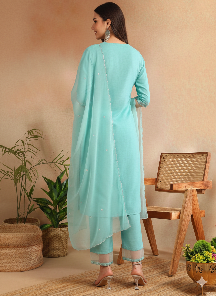 Turquoise Poly Silk Solid Sequin Straight Suit Set