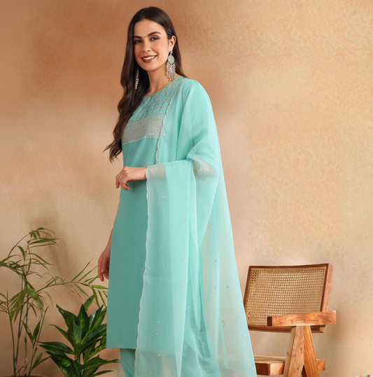 Turquoise Poly Silk Solid Sequin Straight Suit Set