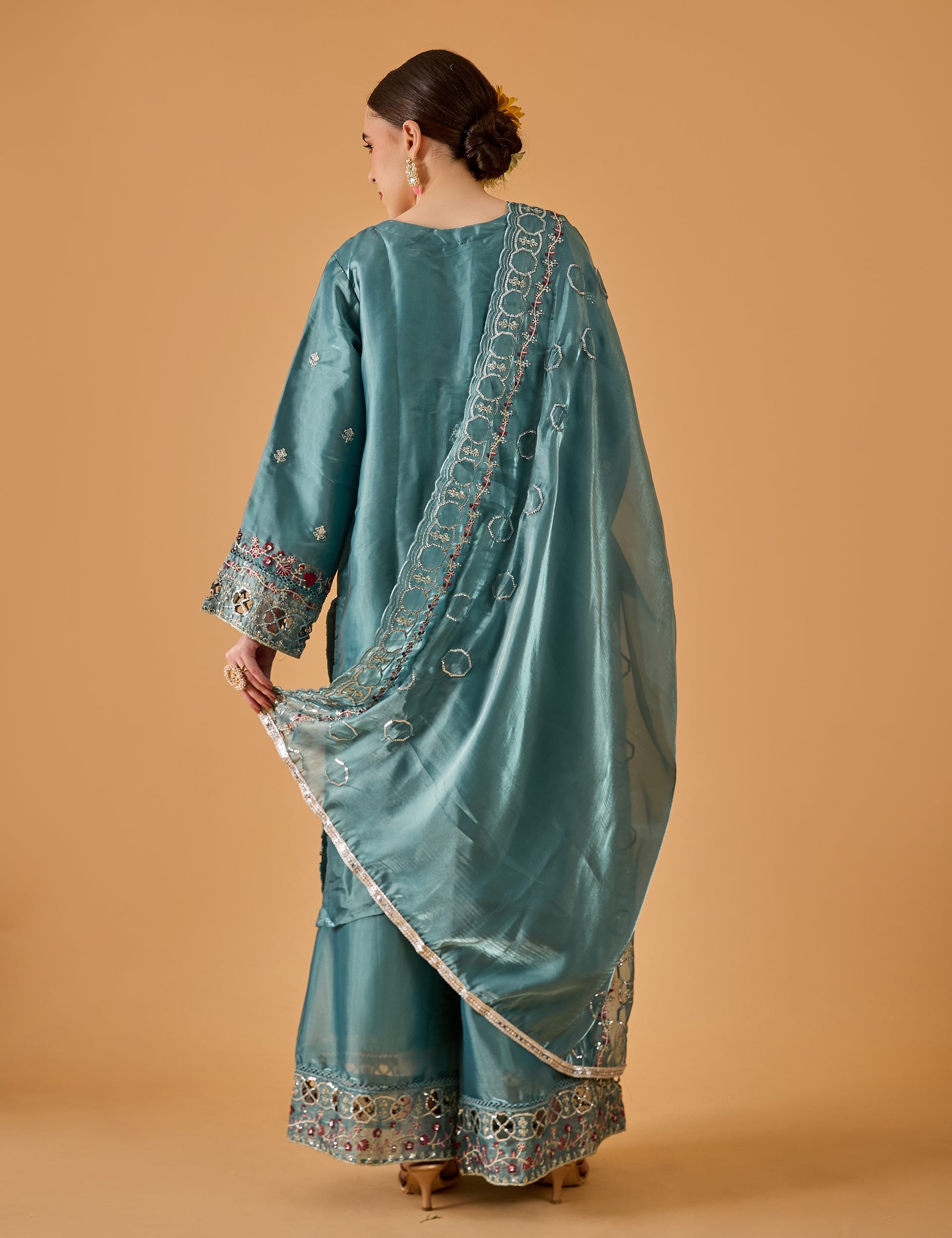 dhartii  Turquoise Elegance Embroidered Organza Sharara Set