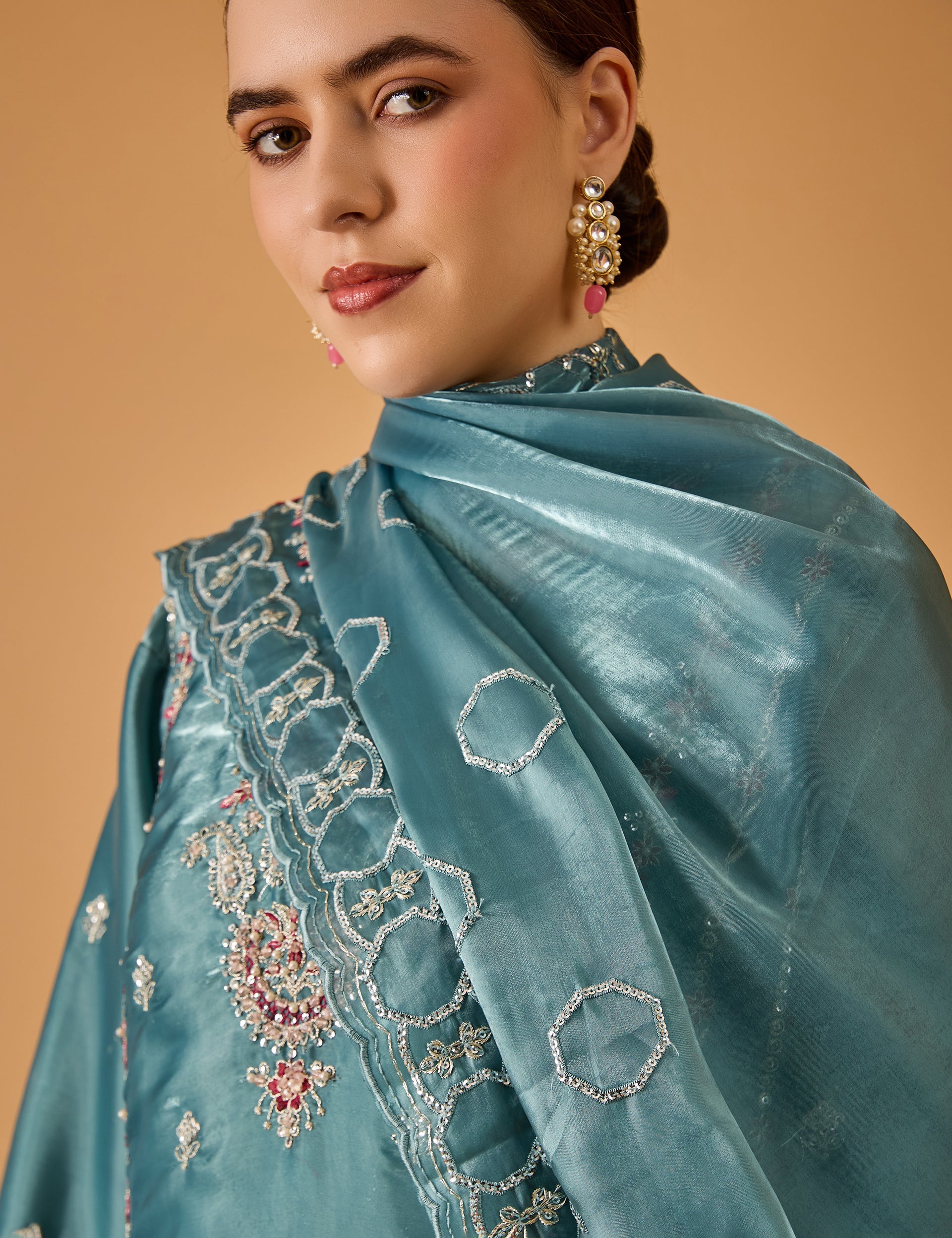 dhartii  Turquoise Elegance Embroidered Organza Sharara Set