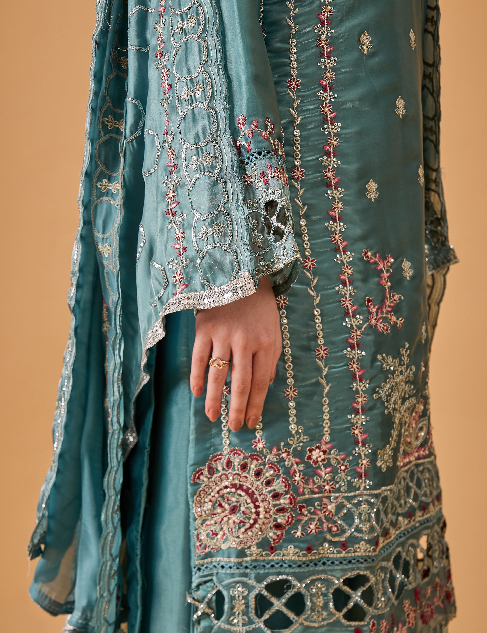 dhartii  Turquoise Elegance Embroidered Organza Sharara Set