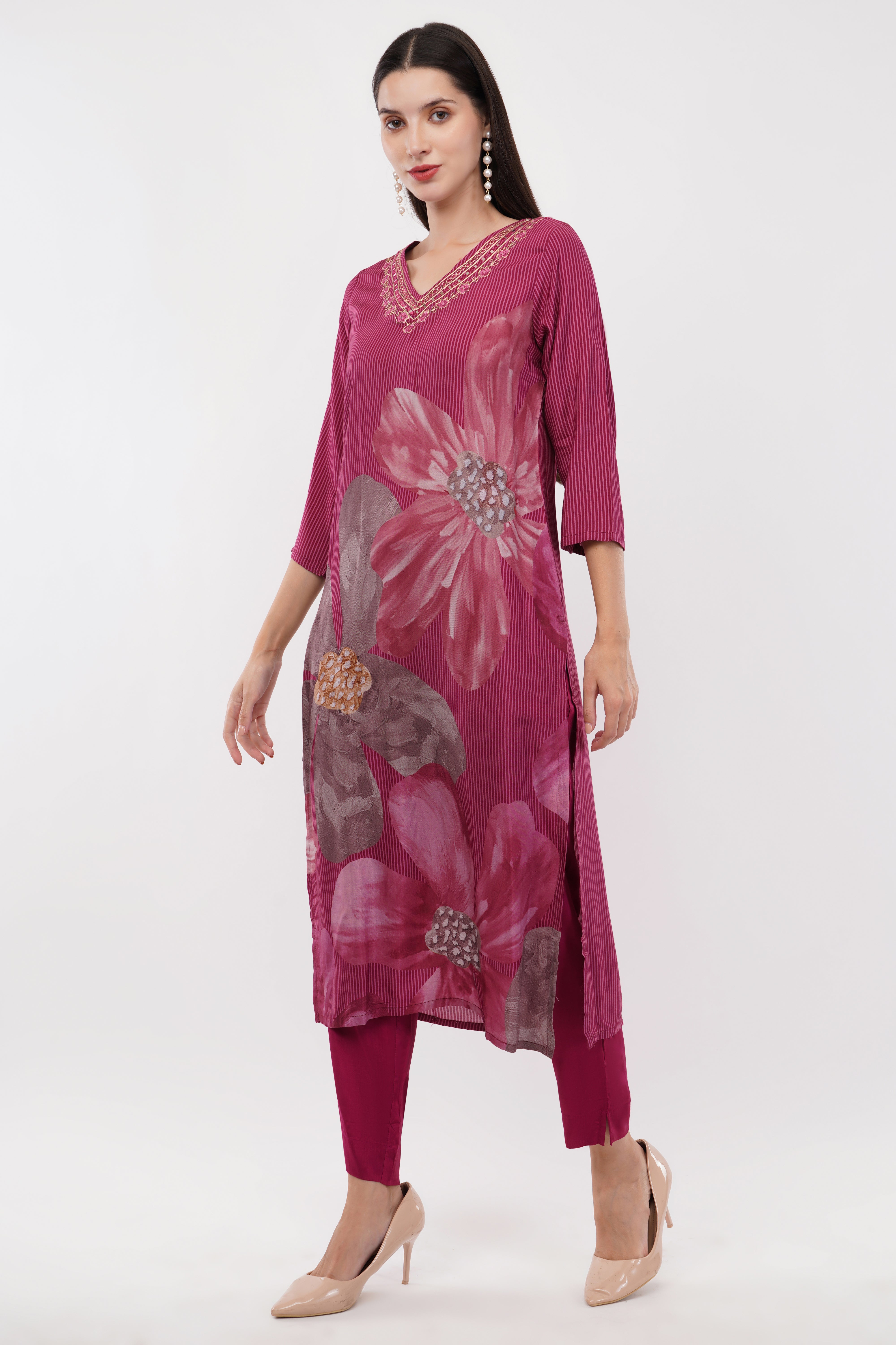 Muslin Organza Dupatta With Digital Printed Wine Suit - Set Of 3