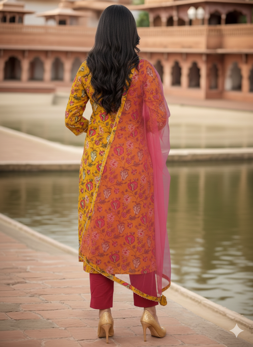 Yellow colour Rayon blend Straight suit set with Dupatta