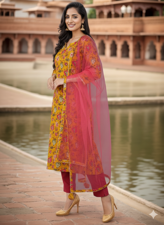 Yellow colour Rayon blend Straight suit set with Dupatta