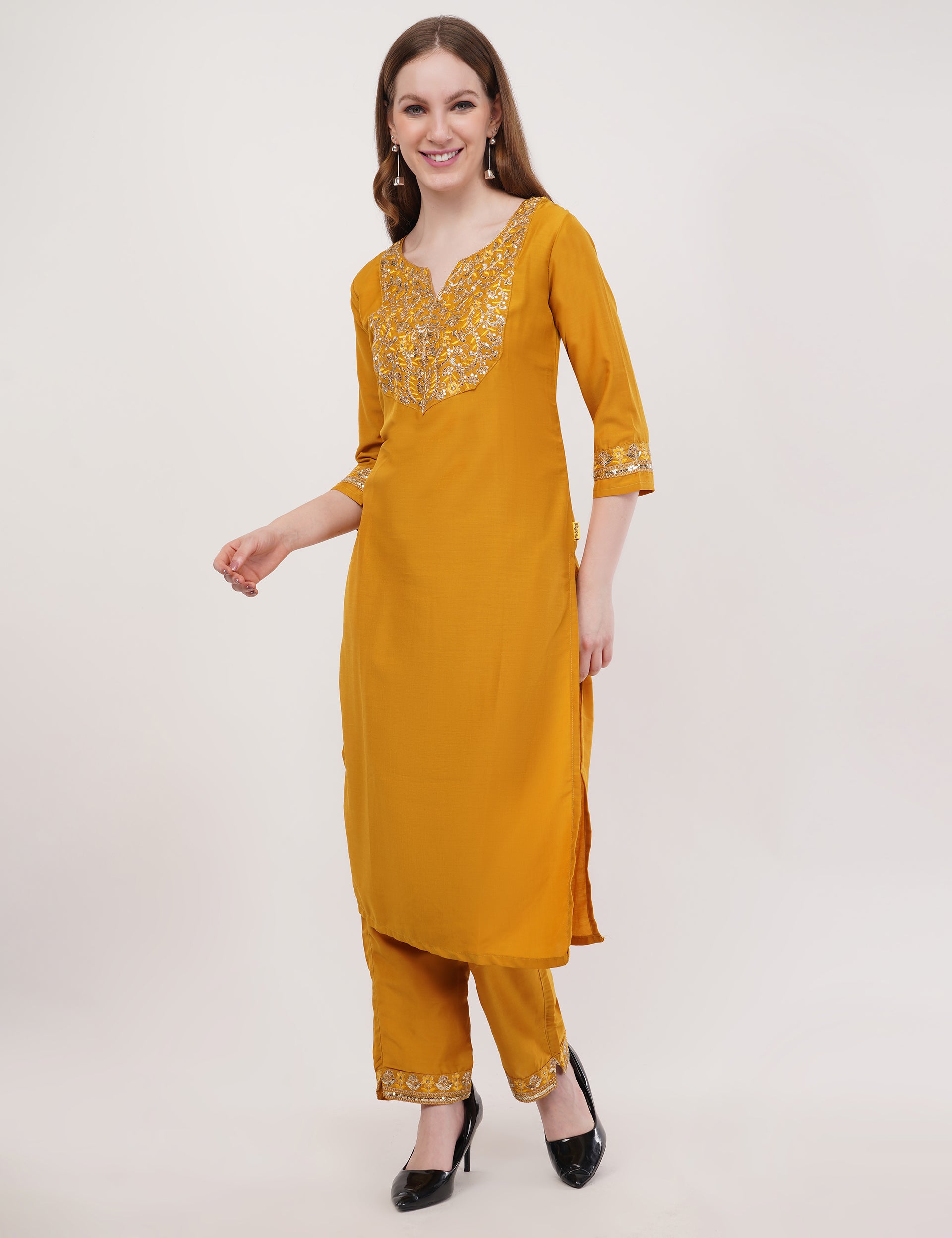 Yellow Embroidered Suit Set With Dupatta - Set Of 3
