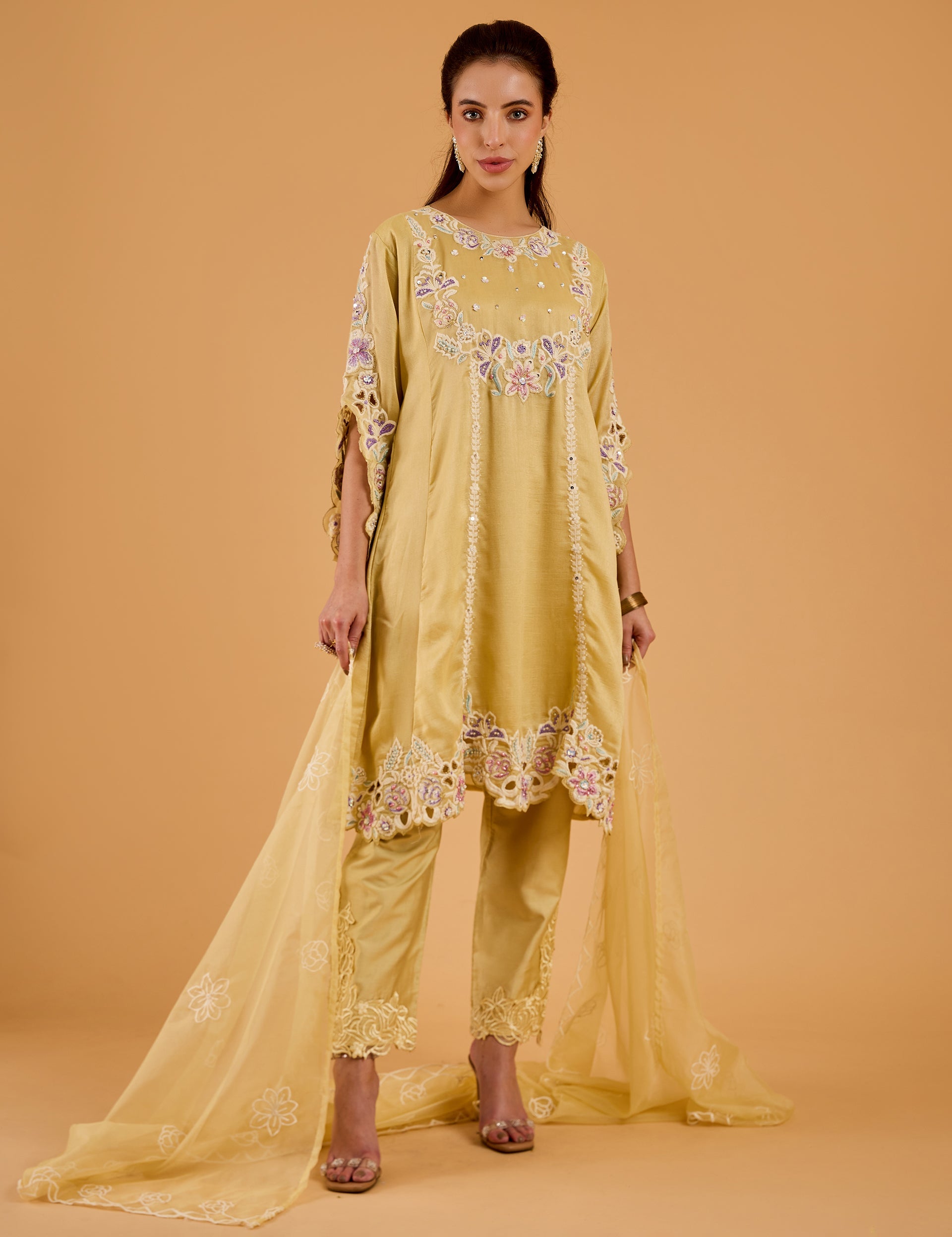 dhartii  Chalk Yellow Radiant Embroidered Chinnon Kurta Set