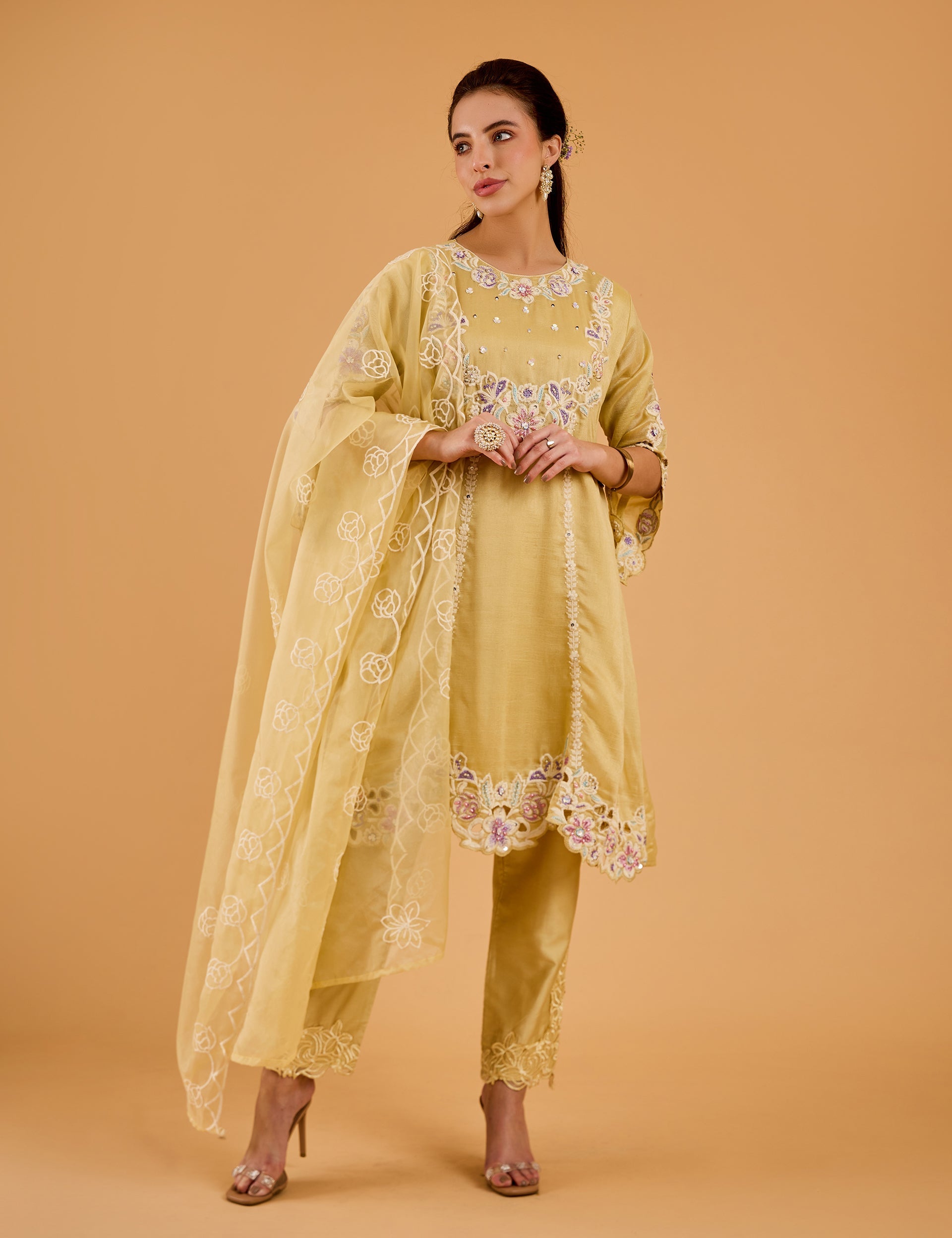 dhartii  Chalk Yellow Radiant Embroidered Chinnon Kurta Set