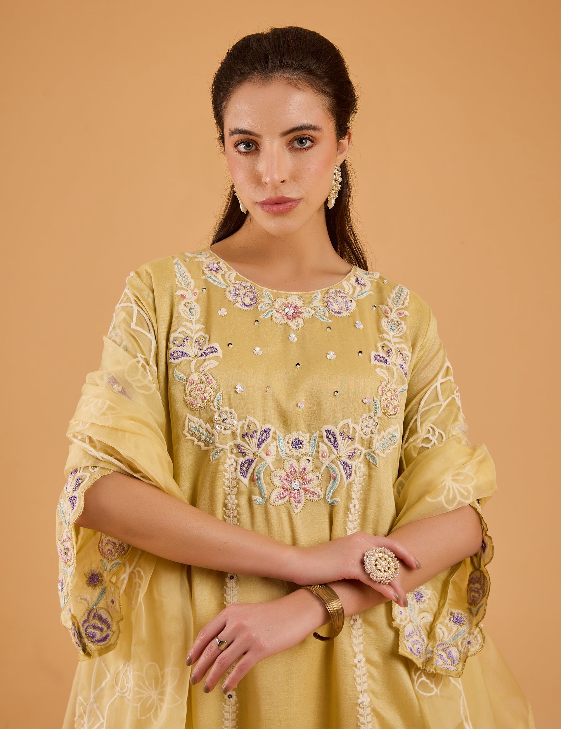 dhartii  Chalk Yellow Radiant Embroidered Chinnon Kurta Set