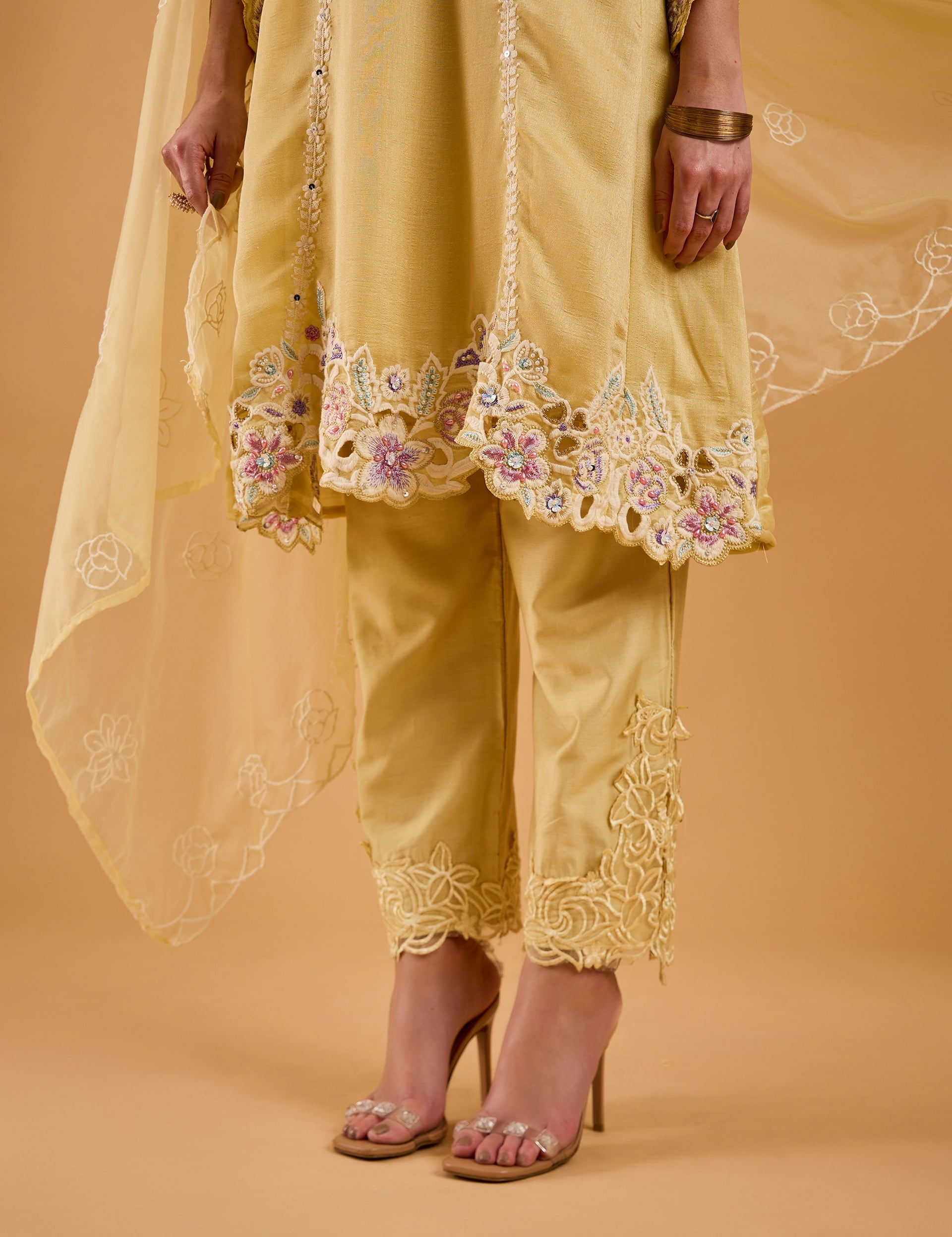 dhartii  Chalk Yellow Radiant Embroidered Chinnon Kurta Set
