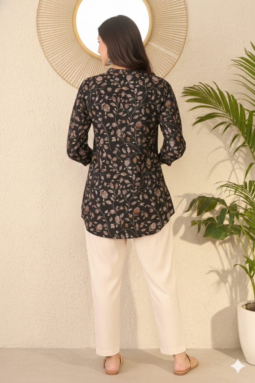 Black Cotton Blend Floral Printed Regular Top