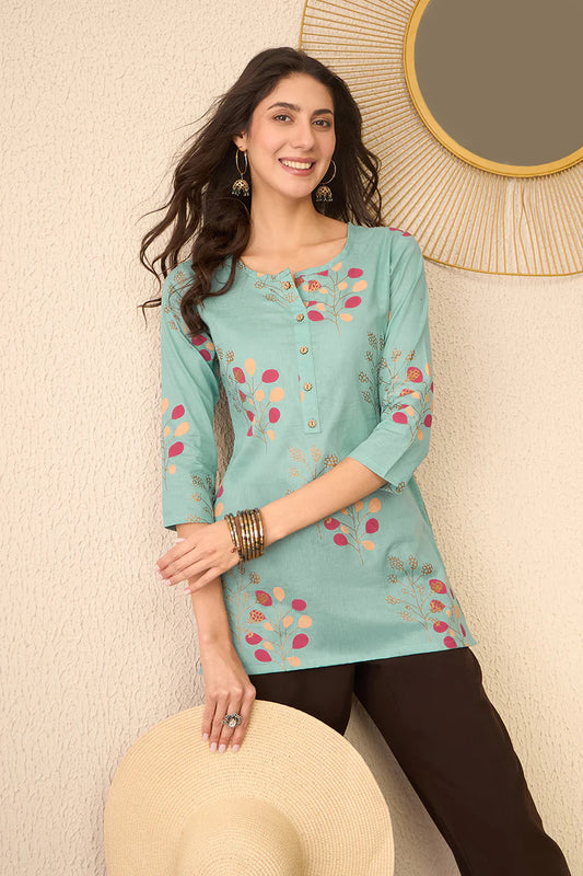 Blue Cotton Blend Floral Printed Regular Top