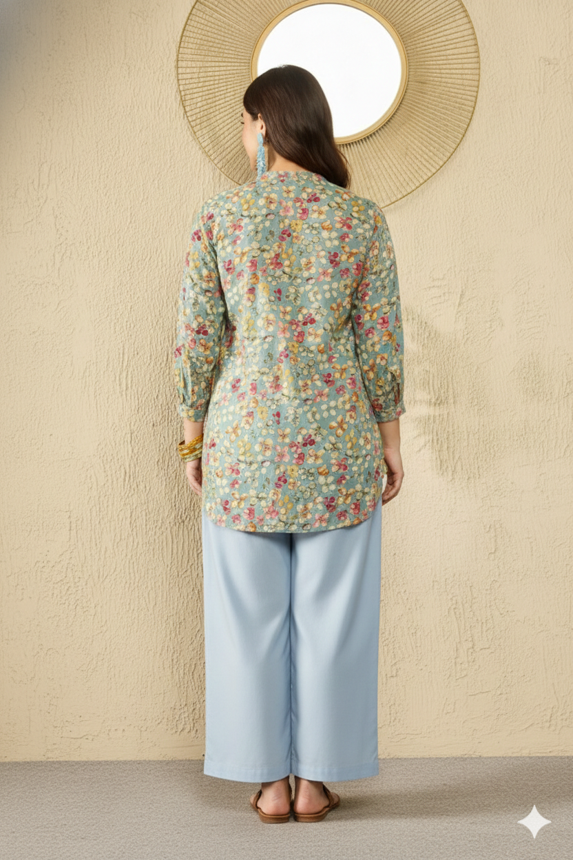 Blue Viscose Rayon Floral Printed Regular Top