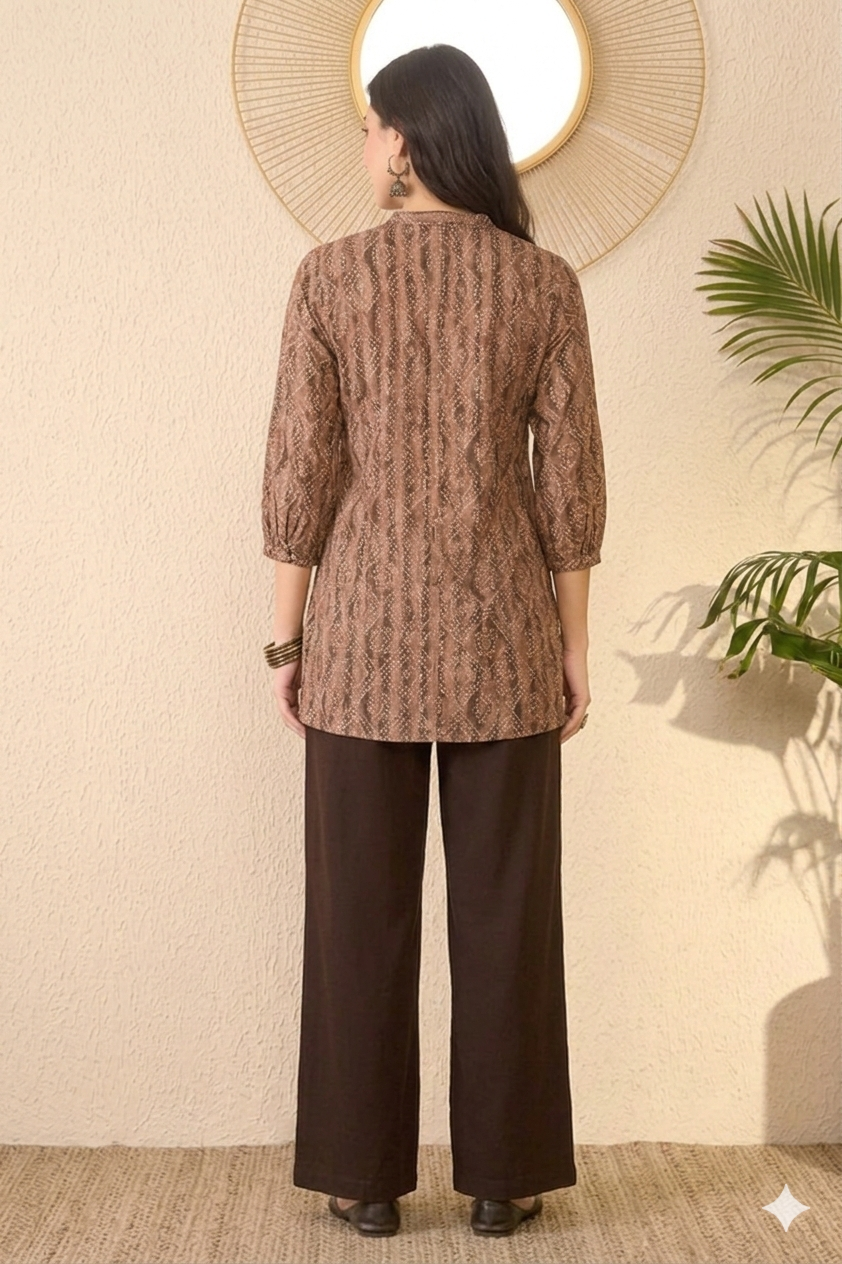 Brown Cotton Blend Ethnic Motifs Printed Regular Top