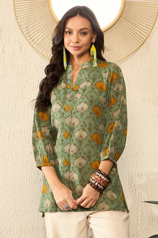 Green Cotton Blend Ethnic Motifs Printed Regular Top