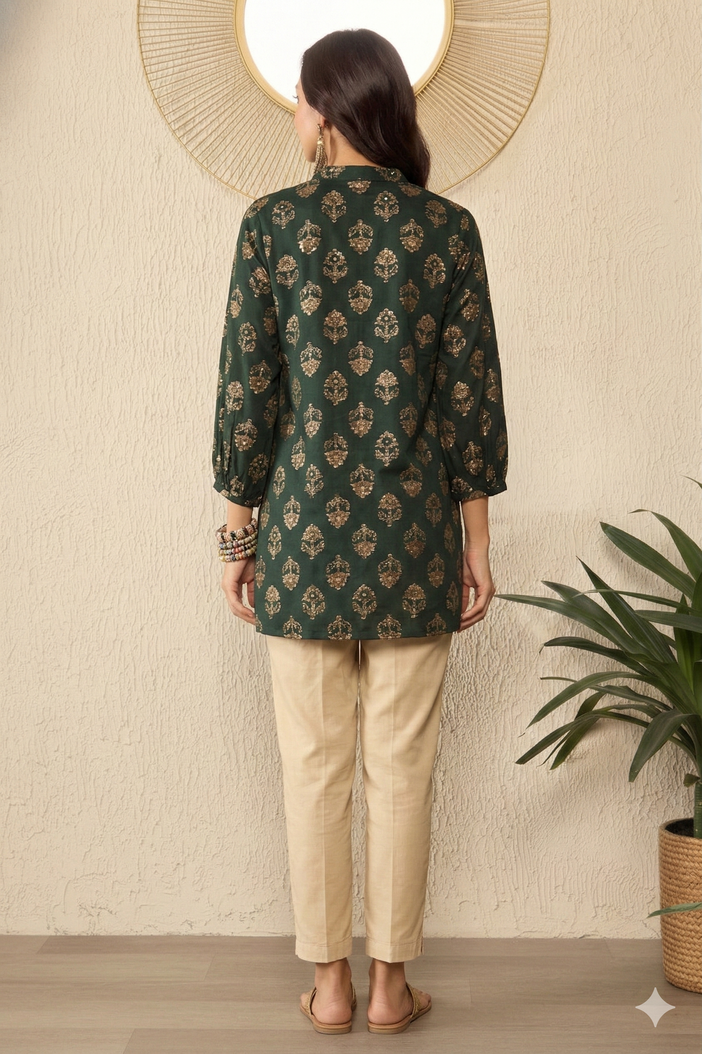 Green Cotton Blend Floral Printed Regular Top