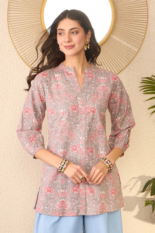 Grey & Pink Cotton Blend Floral Printed Regular Top