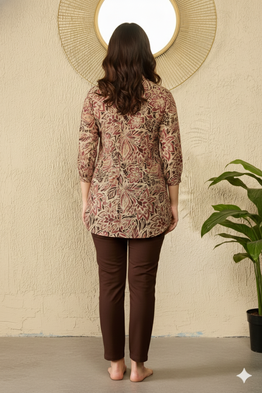 Maroon Silk Blend Floral Printed Regular Top