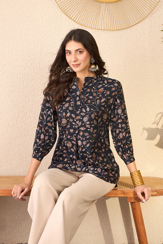 Navy Blue Cotton Blend Floral Printed Regular Top