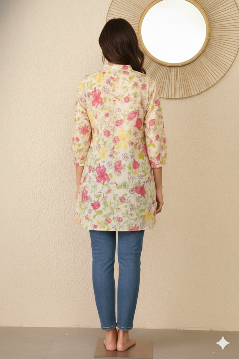 Off White Cotton Floral Printed Regular Top