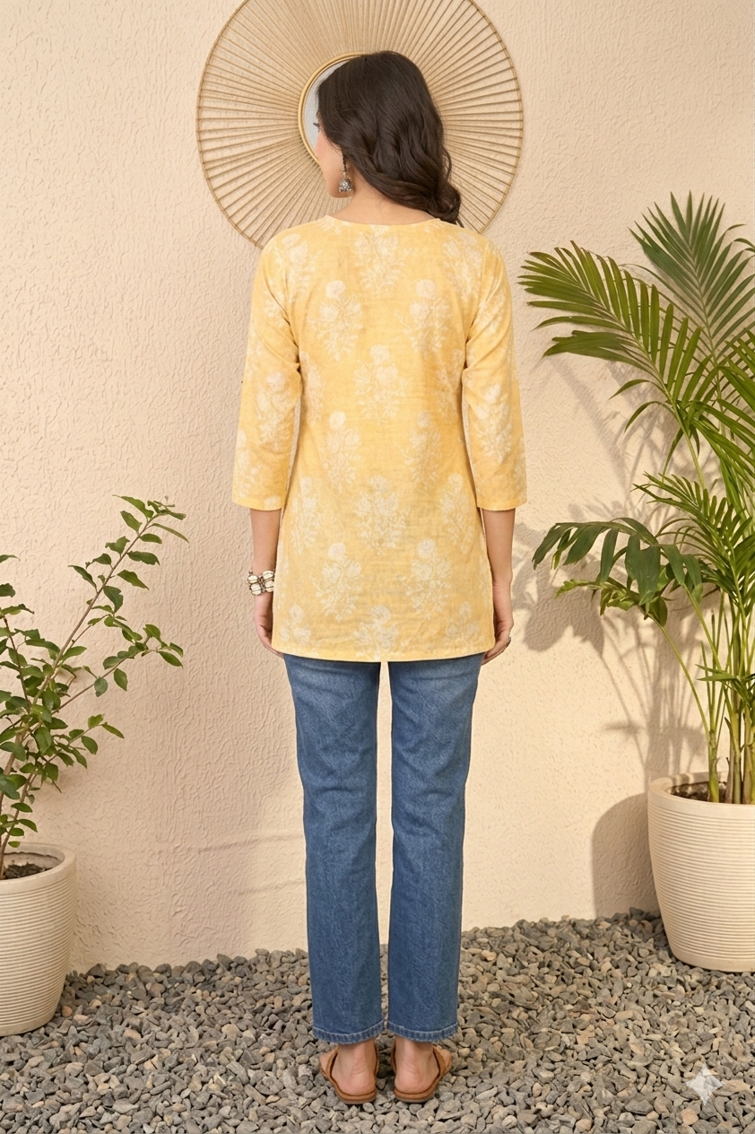 Yellow Cotton Blend Floral Printed Regular Top
