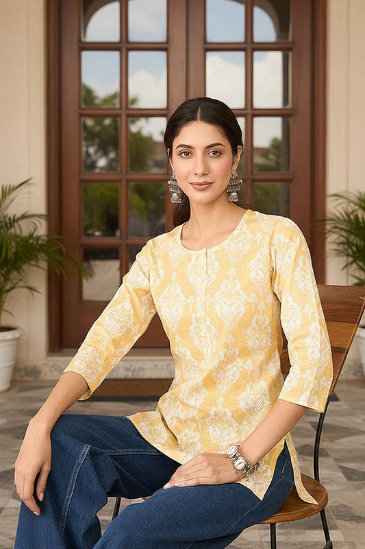 Yellow Cotton Blend Ethnic Motifs Printed Regular Top