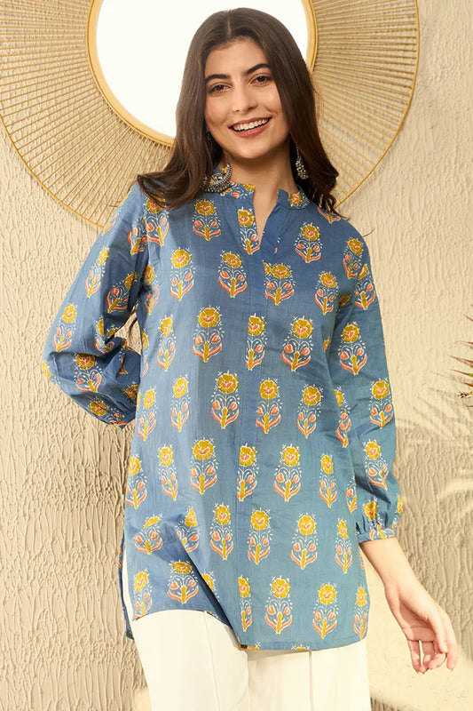 Blue Cotton Blend Floral Printed Regular Tunic