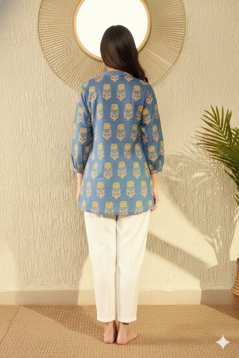Blue Cotton Blend Floral Printed Regular Tunic