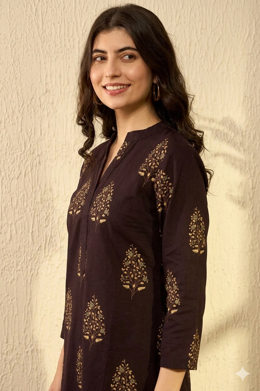 Brown Cotton Blend Ethnic Motifs Printed Regular Tunic