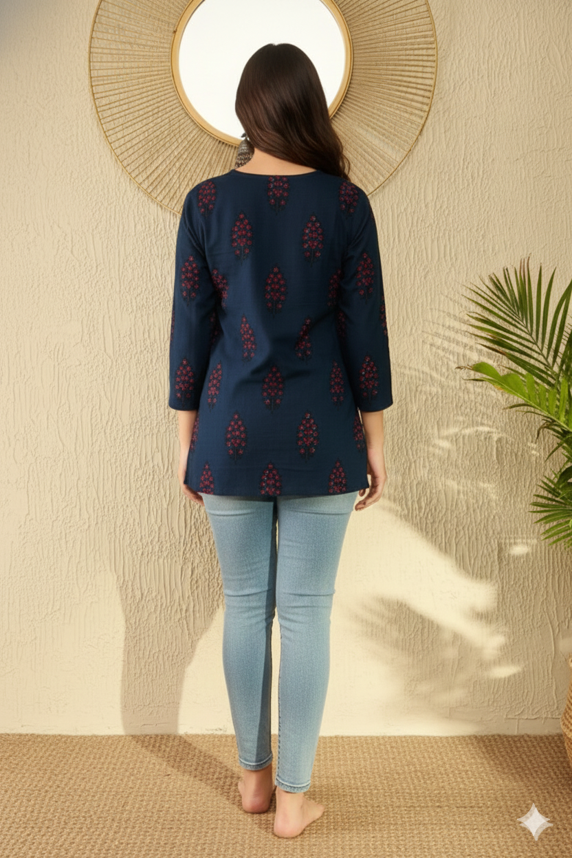 Navy Blue Cotton Blend Ethnic Motifs Printed Regular Tunic