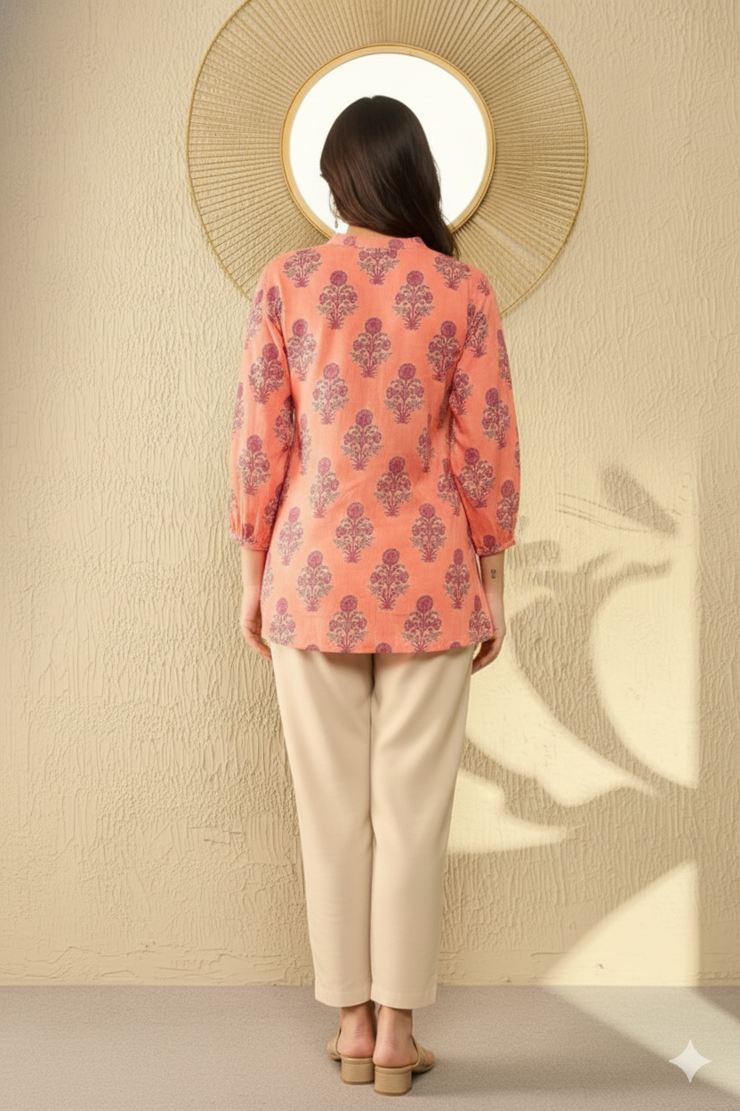 Orange Cotton Blend Floral Printed Regular Tunic