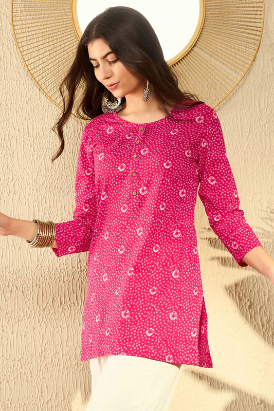 Pink Cotton Blend Bandhani Printed Regular Tunic