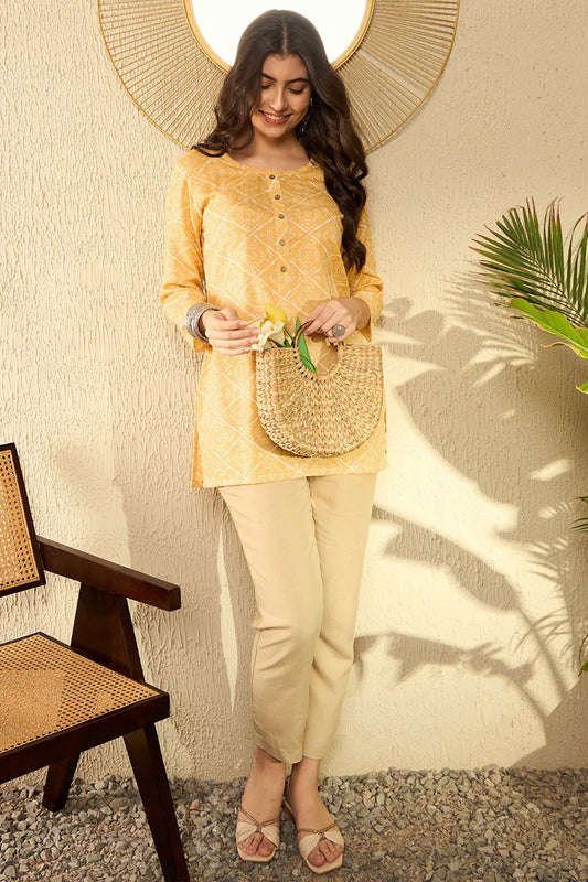 Yellow Cotton Blend Bandhani Printed Regular Tunic