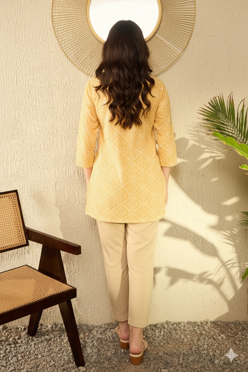 Yellow Cotton Blend Bandhani Printed Regular Tunic