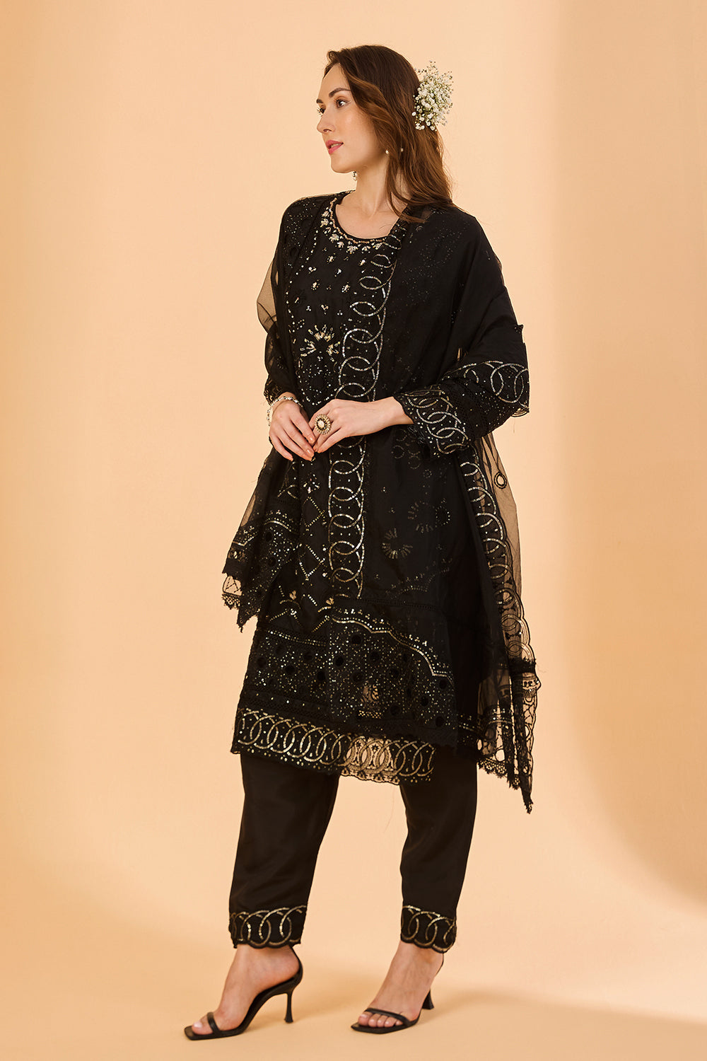 dhartii  Black Ethnic Embroidered Organza Suit Set