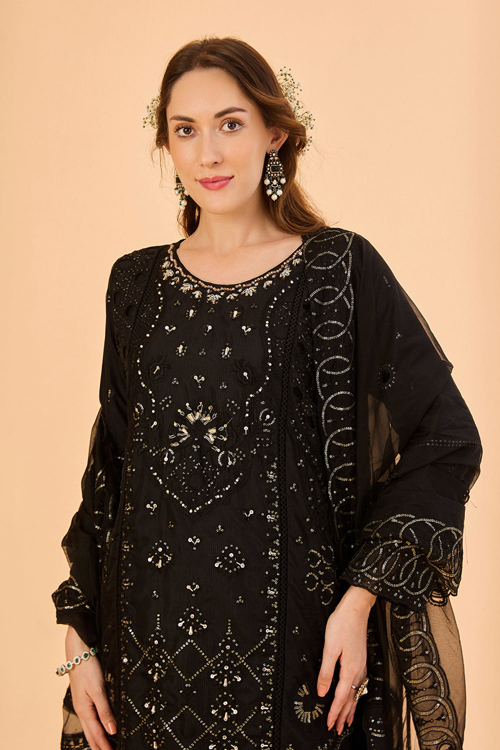 dhartii  Black Ethnic Embroidered Organza Suit Set